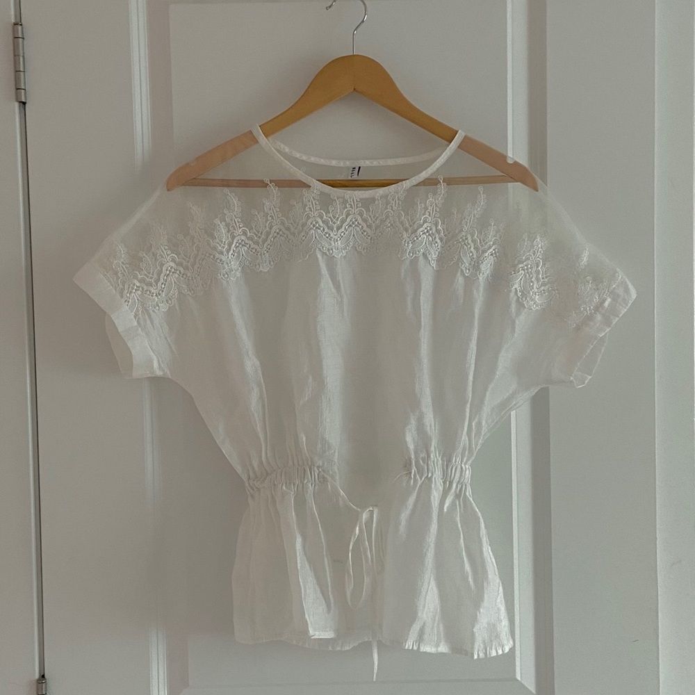 korean white lace panel tie chiffon cinched blouse